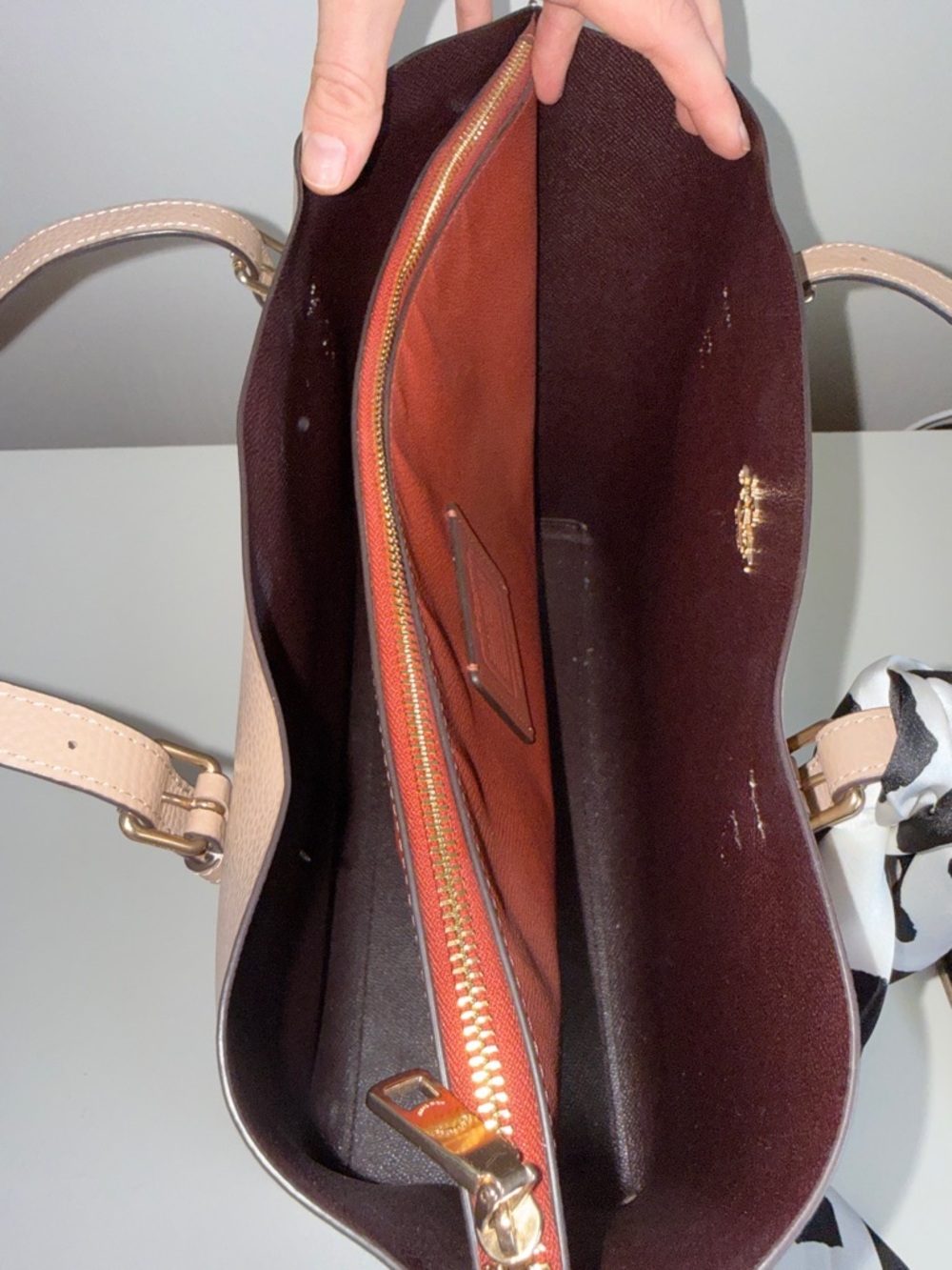 COACH Taupe Leather Mollie Tote Bag with Scarf, cherry charm and wristlet - Picture 8 of 14